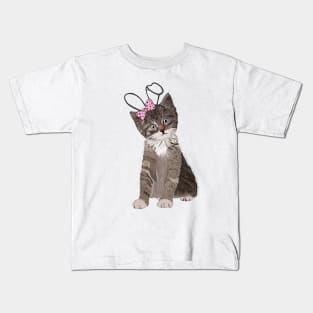 Cute hand drawn cat with easter bunny ear and pink ribbon Kids T-Shirt